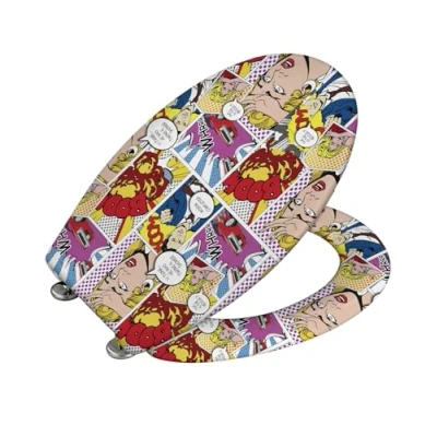 Image of WENKO 22797100 Toilet seat Pop Art soft closing mechanism, fix clip stainless steel hinges, Duroplast, 37.5 x 45 cm, Multicoloured