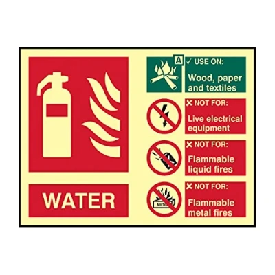 Image of Water Fire Extinguisher Safety Sign, Glow In The Dark, 1.3mm Rigid Self Adhesive Photoluminescent, 200mm x 150mm