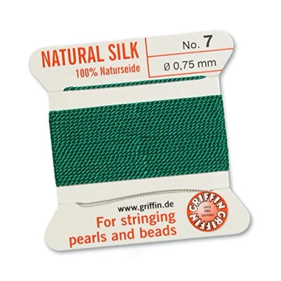 Image of GRIFFIN 100% Natural Silk Beading Cord String Thread Green 2 metres with one needle Size 0.75mm