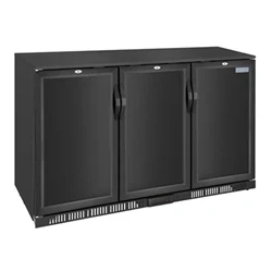Image of Polar Refrigeration G series 280W Triple Door Back Bar Cooler Fridge 320 Litre, Black, 2C to 8C, 850(H)x1350(W)x520(D)mm, Solid Lockable Doors, 6 Shelves, Energy Rating B GE999