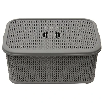 Image of JVL 13 356GY Knit Design Loop Plastic Lidded Rectangular Storage Basket with Handles, Grey, 20 x 28.5 12.5 cm, 6 Litres