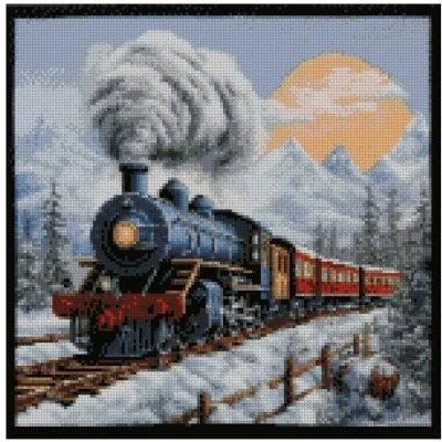 Image of Train in Snow,Egyptian Cotton Counted Cross Stitch Kits,100% Cotton,150x150stitch,26x26 cm kit