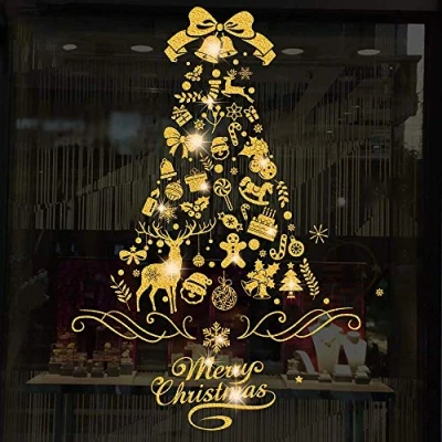 Image of Vicor Christmas Window Decorations,4 Sheets Reusable Xmas Stickers,Gold Tree Clings for Decoration