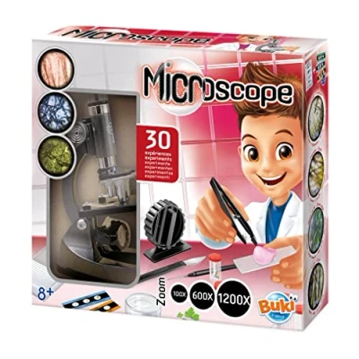 Image of Buki France Microscope with 30 Experiments &amp; LED Light. Beginner Metal STEM Kit. 200 1200 Magnification. Includes Slides, Vials, Illustrated Booklet Accessories. For Boys Girls 8 +