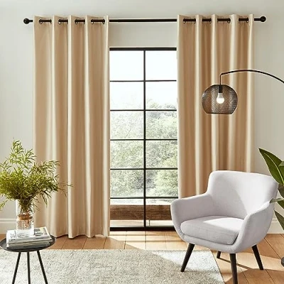 Image of Catherine Lansfield Downstairs Faux Silk 90x90 Inch Blackout Thermal Insulating Eyelet Curtains Two Panels Champagne Gold