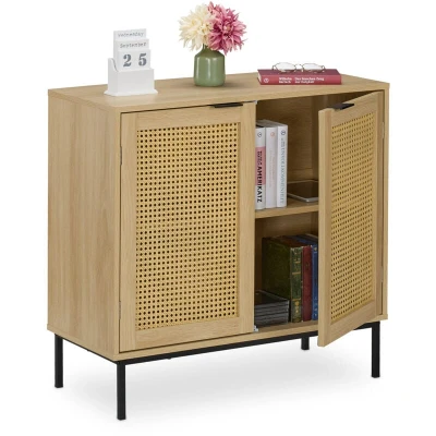 Image of Relaxdays Sideboard, 76x80x35 cm, Kitchen Storage Cabinet, 2 Rattan Design Doors, Living Room Cupboard, Organizer Unit, Steel, Plastic, Fibreboard