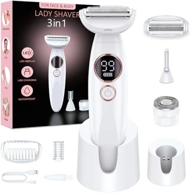 Image of Lady Shavers for Women,3 in 1 Facial Hair Remover Women,Bikini Trimmer Women with LED Battery Display,Wet &amp; Dry Electric Razor Women,120min Use,for Underarm Legs,USB Charging Station,IPX7
