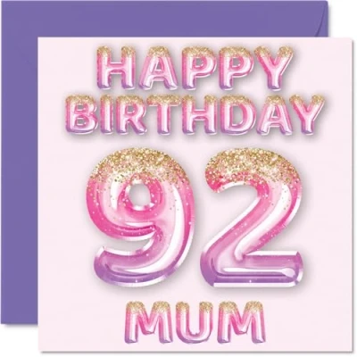Image of 92nd Birthday Card for Mum Pink &amp; Purple Glitter Balloons Happy Cards 92 Year Old Mother from Son Daughter, 145mm x Bday Greeting Gift