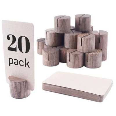 Image of 20 Pack Mini Wood Table Number Holders with 25Pcs Kraft Paper Place Cards Card Holders, Dinner Name for Tables, Wooden Picture and Sign Holder (Brown)
