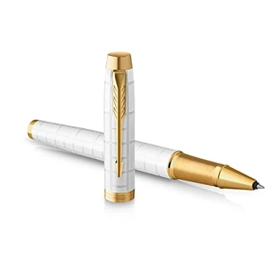 Image of Parker IM Rollerball Pen Premium Pearl Lacquer with Gold Trim Fine Point Black Ink Refill Gift Box