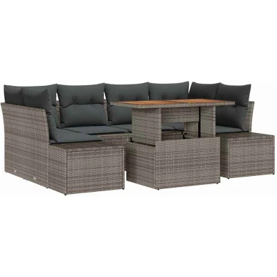 Image of vidaXL 7 Piece Garden Dining Set with Cushions Grey Poly Rattan Acacia