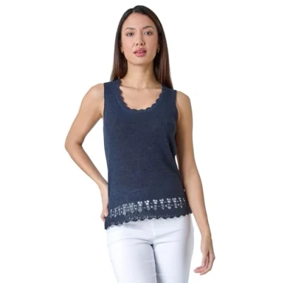 Image of Roman Womens Crochet Scalloped Trim Knit Vest Navy Size 20 UK