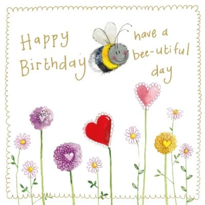 Image of Alex Clark Happy Birthday Foil Card Bee and Dahlia Flowers Bees Floral Nature Plants Greeting Cards To Celebrate Designed Printed in the UK…