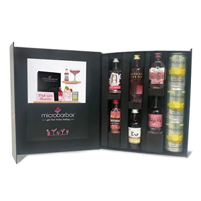 Image of MicroBarBox Pink Gin Heaven Gift Set with Lemonade in a Premium Luxury Box including Gordon&#039;s Gin, Edinburgh Raspberry Mermaid Ruby&#039;s Pink, Beefeater &amp; Anno
