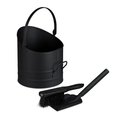 Image of Relaxdays Coal Bucket with Handles, Scuttle incl. Shovel &amp; Brush, Iron Ash Container for Fireplace, Metal, Black, Coco, Wood, 9.5 L