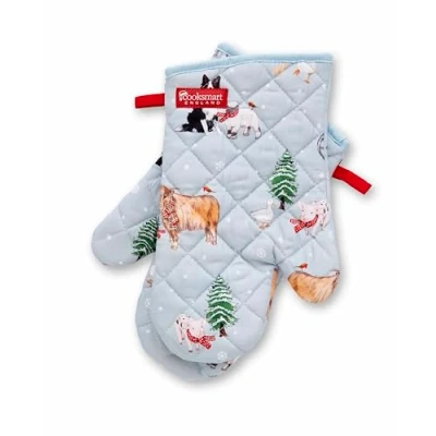 Image of Cooksmart British Designed Christmas Gauntlet Oven Gloves Festive For All Type of Kitchens Mitts Men &amp; Women On The Farm