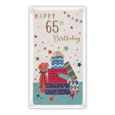Image of Male 65th Birthday Card Age 65 Pile of Presents Artistic Design Special Finishes and Illustrated Insert Leaf Made in the UK
