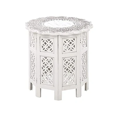 Image of Side Table White Mango Wood Carved Pattern Oriental ⌀ 44 cm Badhi
