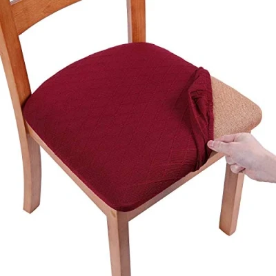 Image of smiry Stretch Chair Seat Covers for Dining Room, Jacquard Protectors Removable Washable Slipcovers, Set of 4, Burgundy