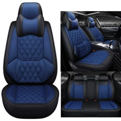 Image of Eunncu Universal Car Seat Covers Waterproof Leather Full Set, Can Protect Front and Rear Seats, To Fit Most Cars, Side Airbag Compatible, Blue