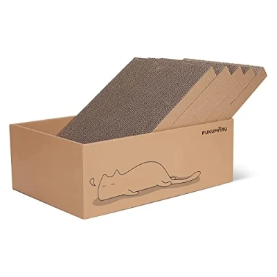 Image of FUKUMARU Cat Scratching Board with Box, 40 x 28 cm 5 PCS Reversible Scratch Pad, Corrugated Bed for Indoor Kitty, in 1 Replacement Cardboard Refill Pad
