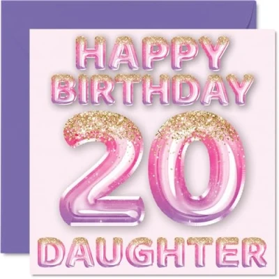 Image of 20th Birthday Card for Daughter Pink &amp; Purple Glitter Balloons Happy Cards 20 Year Old from Mum Dad Parents, 145mm x Bday Greeting Gift