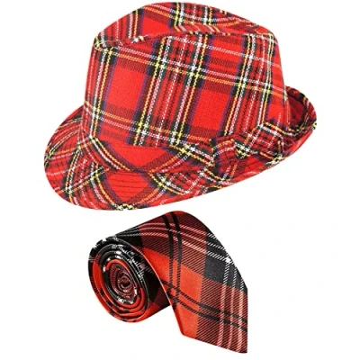 Image of labreeze Adults Scottish Tartan Trilby Hat with Red Tie Burns Night Fancy Dress