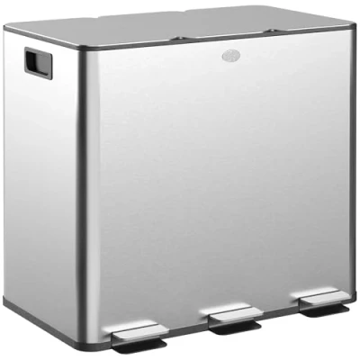 Image of HOMCOM 45L Kitchen Bin, Stainless Steel Pedal Bin with 3 Compartments, Soft Close Lid, Removable Inner Buckets, Fingerprint Proof for Recycling and Waste, x 15L, Silver