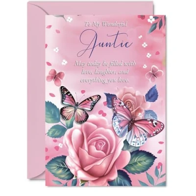 Image of Auntie Birthday Card Pink Rose Butterfly Beautiful Happy for from Niece Nephew, A5 Female Floral Bday Mothers Day Greeting Cards
