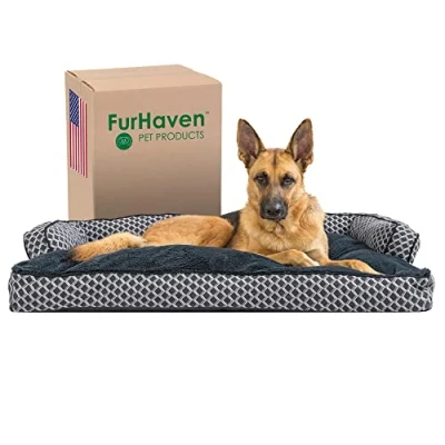 Image of Furhaven Pillow Dog Bed for Large Dogs w/Removable Bolsters &amp; Washable Cover Plush Woven Decor Comfy Couch Sofa Diamond Gray, Jumbo/XL