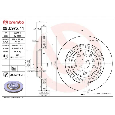 Image of 4243111020, 4243211010 Brake disc BREMBO 09.D975.11 359mm 30mm 5 internally vented Coated