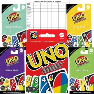 Image of Uno Card Game with 4 x Add On Pack + Scorecard Games, Travel Cards, Night, Family Couple Games Mattel