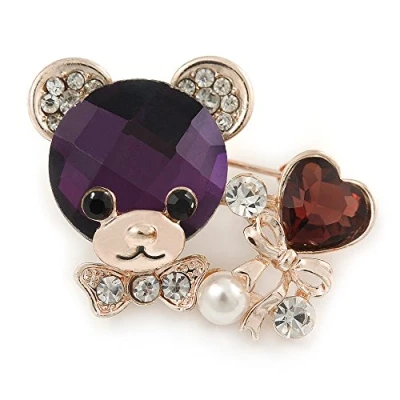 Image of Avalaya Purple/Clear Crystal Bear with Heart Brooch in Gold Plating 40mm W