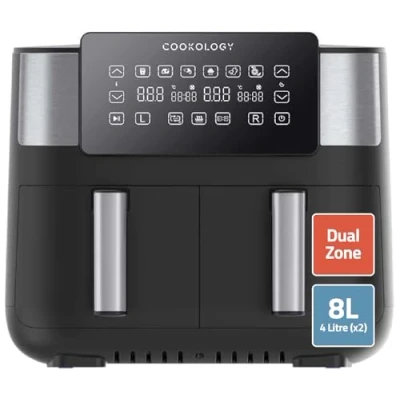 Image of Cookology CAF80DI 8 Litre Dual Zone Air Fryer Extra Large with 6 Cooking Functions, LED Touch Screen and Easy Temperature Control, Healthy Oil Free In Black