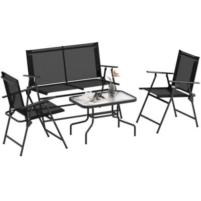 Image of Outsunny Outdoor 4 Pieces Patio Furniture Set with Breathable Mesh Fabric Seat &amp; Backrest, Garden Two Foldable Armchairs, a Loveseat Glass Top Table, Black