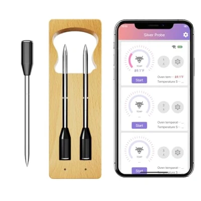Image of SLARY Smart Wireless Meat Thermometer with Ultra Thin Probe Long Range Cooking App for Remote Monitoring of BBQ, Grill, Kitchen, Smoker, Rotisserie
