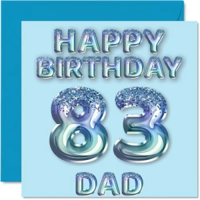 Image of 83rd Birthday Card for Dad Blue Glitter Party Balloons Happy Cards 83 Year Old Father from Son Daughter, 145mm x Bday Greeting Gift