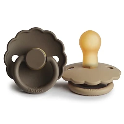 Image of FRIGG Daisy Latex Pacifier Pack of 2 Natural Rubber Soother Dummy BPA Free Made in Denmark Symmetrical Cherry Shaped Nipple (Croissant/Portobello, Size 1 (0 6 Months))