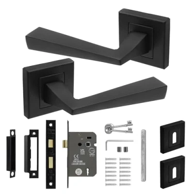 Image of Decoranddecor Internal Door Lever Matt Black Metal Handles On Square Rose with Sash Kit