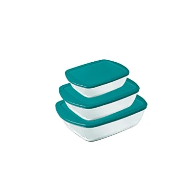 Image of Pyrex Cook&amp;Store Set of 3 Rectangular Glass Food Storage Dishes with Lids (0.4L, 1.1L &amp; 2.5L) BPA Free