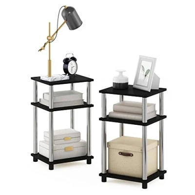 Image of Furinno Just 3 Tier Turn N Tube Side Table, 2 Pack, Americano, Stainless Steel Tubes