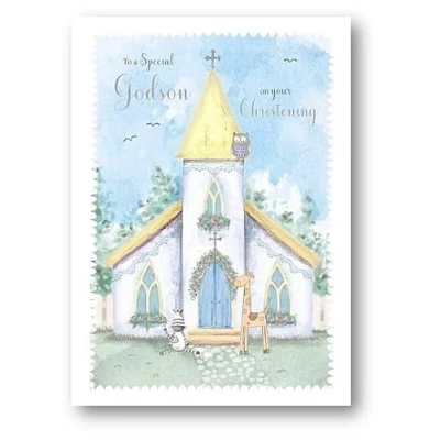 Image of Carte Blanche Special Godson Christening Congratulations Card Church, Animals and Sentiment Verse with Foil Details Eco Friendly
