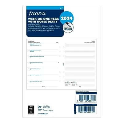 Image of Filofax Calendar Diary Refill, A5 Size, Week on One Page with Notes, White Paper, Multilingual: Five Languages, 2024 (C68509 24)