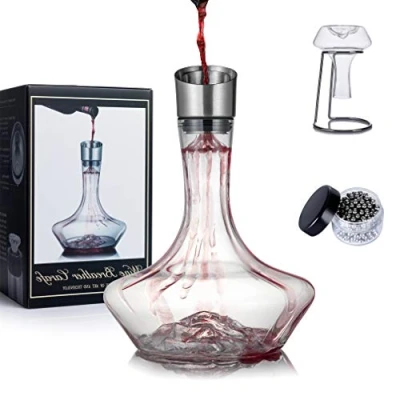 Image of YouYah Iceberg Wine Decanter Set with Aerator Filter,Drying Stand and Cleaning Beads,Red Carafe,Wine Aerator,Wine Gift,100% Hand Blown Lead Free Crystal Glass(1400ML)