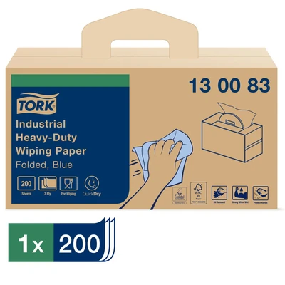 Image of Tork 130083 Industrial Heavy Duty Wiping Paper / 3 Ply Absorbent Sheets Suitable for W7 Handy Box System Blue 200