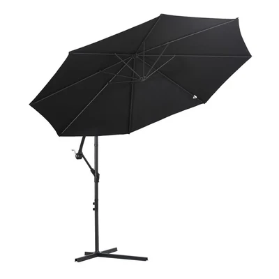 Image of Outsunny 3(m) Garden Banana Parasol Hanging Cantilever Umbrella with Crank Handle, 8 Ribs and Cross Base for Outdoor, Sun Shade, Black