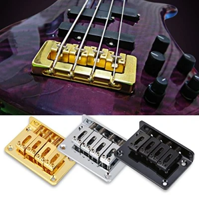 Image of Electric Guitar Bridge, 4 String Fixed Hardtail Bridge Replacement Parts Top Load Tailpiece Durable Zinc Alloy for Cigarbox Guitars Bass Ukulele 60 x 40 13mm(Black)