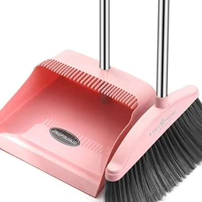 Image of Gusengo Long Handled Dustpan And Brush, Brush Set, Sweeping With Upright Dustpan, Broom Combo For Indoor Outdoor Cleaning, Pink