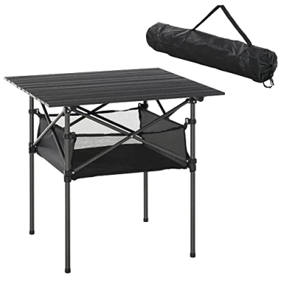Image of Outsunny 70cm Aluminum Roll Top Table w/Mesh Bag Camping Outdoor Dining Foldable w/Steel Frame Picnic Lightweight Hiking Furniture Desk, Black