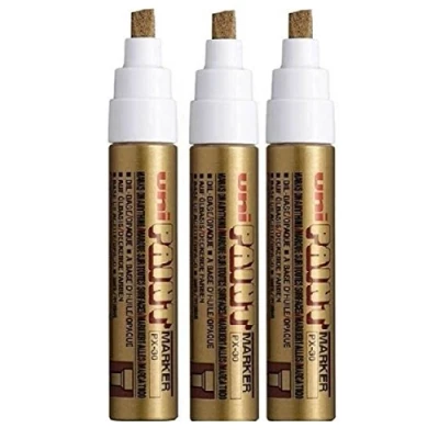 Image of Uni Coloured Broad (4 8.5mm) PX 30 Gold Oil Paint Marker Pen Metal Glass Wood Plastic Stone Outdoor Chisel Nib Tip (Pack Of 3)